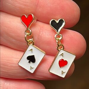 Whimsical Enamel Playing Card Heart and Ace Card Dangle Earrings